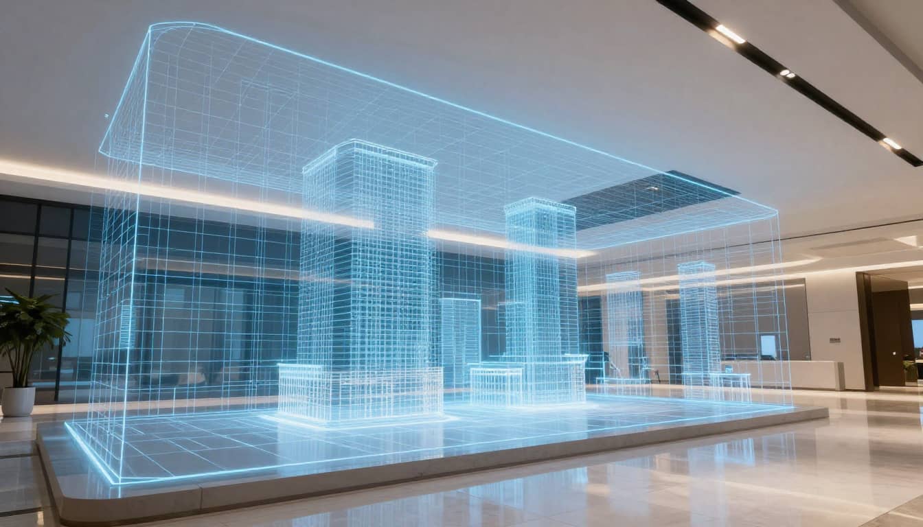 A sleek, futuristic commercial real estate environment showcasing cutting-edge spatial technology